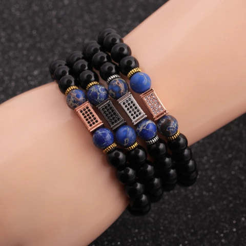 Pulsera De Cuentas Para Hombre Piedra Imperial Ágata Circonita Micro Pavé Metal Geométrico Elástico Joyería