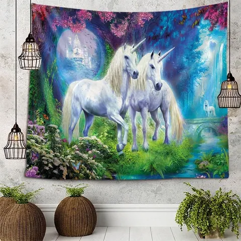 Arazzo Unicorno Fantasy Foresta Magica Appeso A Parete Poliestere Castello Mistico Cascata Arte Decorazione