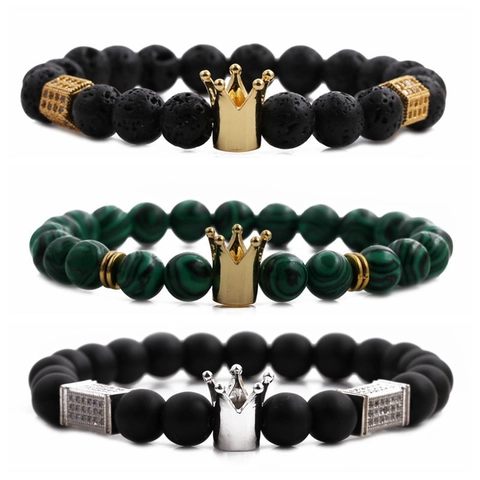 Herren Perlenarmband Natur Lava Stein Malachit Legierung Krone Zirkonia Elastisch Schmuck