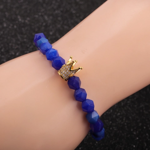 Faceted Agate Beaded Bracelet With Copper Crown Charm Rhinestone Inlay Elastic Stretch For Men Women