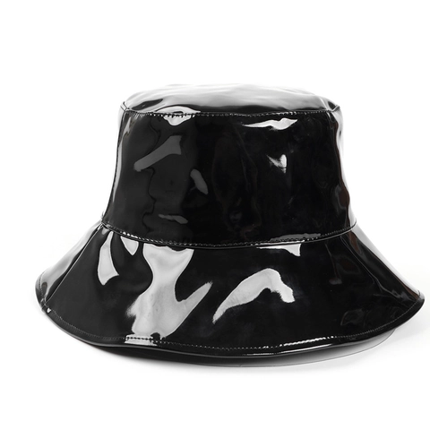 Cappello da Pescatore in Pelle PU Lucida da Donna Tesa Larga Protezione Solare Impermeabile Cima Piatta Moda Nero per Autunno Inverno