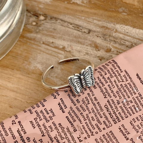 Schmetterling Ring 925 Sterling Silber Vintage Oxidiert Offen Verstellbar Finger Schmuck Retro Mode Accessoire Damen