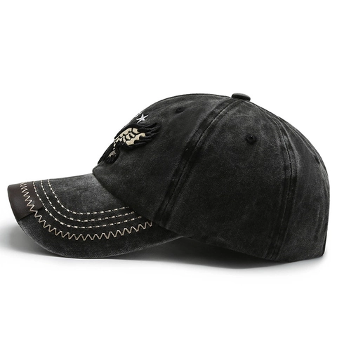 Retro Washed Cotton Baseball Cap Eagle Embroidery Distressed Vintage Dad Hat With Leather Trim Contrast Stitching Adjustable