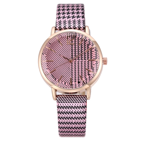Fashion Women Quartz Watch Rose Gold Alloy Case Houndstooth Plaid Leather Strap Vintage British Style Elegant Wristwatch