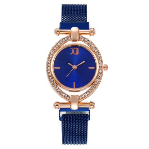 Damen Mode Quarz Uhr Strass Lünette Metall Gitterband Magnetverschluss Elegante Analoge Armbanduhr