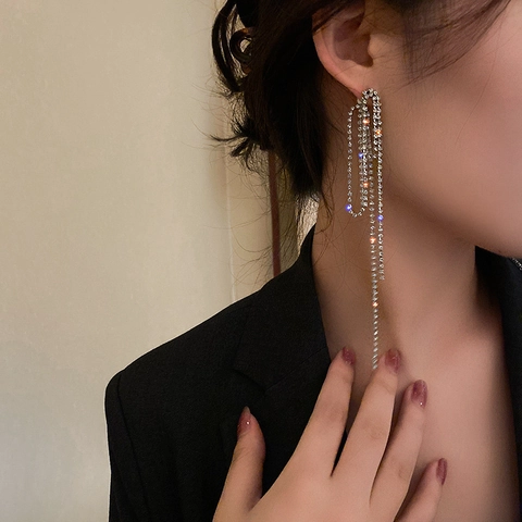 Orecchini Lunghi Con Nappa E Perno In Argento Sterling 925 Lega Strass Gioielli Da Sera Geometrici Per Donna