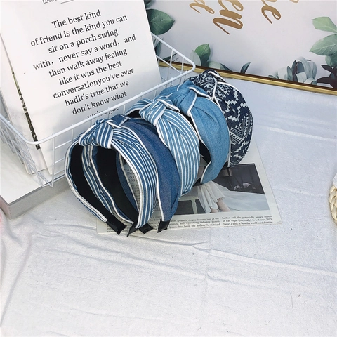 Women Wide Denim Fabric Headband Top Knot Striped Contrast Edge Korean Style Hairband Fashion Accessory Hair Hoop
