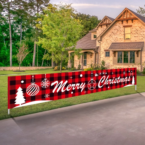 Bannière De Noël Décoration Extérieure Jardin Tissu À Carreaux Durable Panneau Merry Christmas Pour Maison Clôture