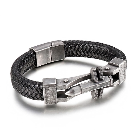 Men Woven Leather Bracelet With Stainless Steel Bullet Head Buckle Punk Industrial Style Hand Jewelry For Boys