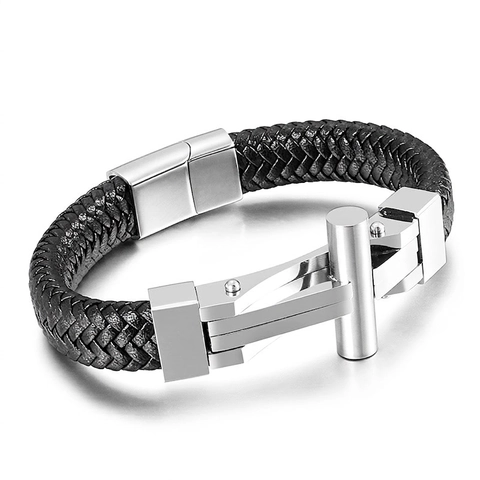 Herren Geflochtenes Lederarmband Mit Edelstahl Magnetverschluss Industrieller Geometrischer Punk Stil Schmuck