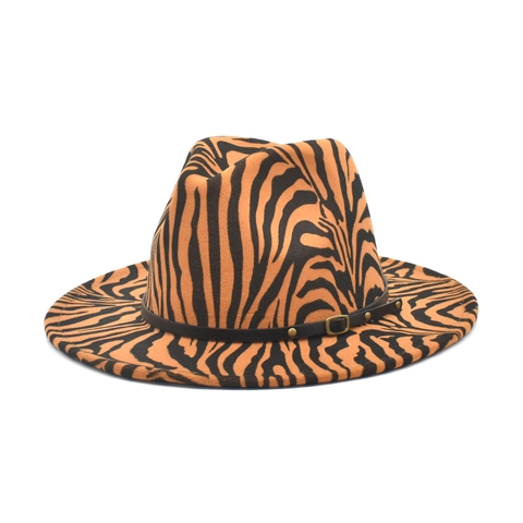 Fedora Hoed Wolvilt Brede Rand Zebra Tijger Print Panama Jazz Hoed Met Leren Band Gesp Voor Dames Heren