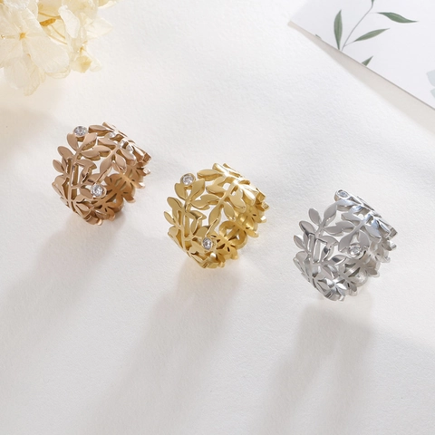 Anello Foglia Cava Ramoscello Ulivo Acciaio Inossidabile Zircone Intarsiato Gioielli Moda Donna Oro Oro Rosa Argento