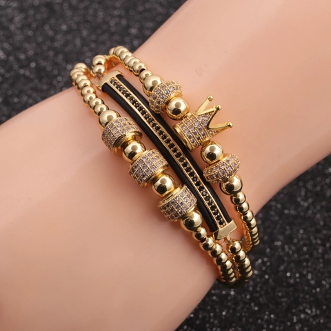 Men Beaded Bracelet Copper Micro Pave Zircon Crown Wheel Tube Charms Hip Hop Luxury Jewelry