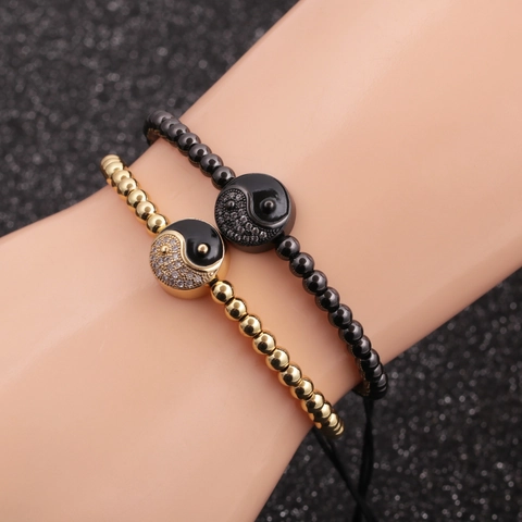Yin Yang Tai Chi Armband Koper Micro-Inlaid Strass Verstelbaar Gevlochten Koord Voor Heren En Dames Sieraden