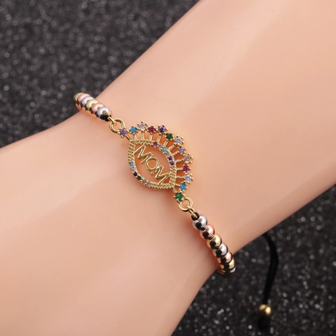 MOM Letter Bracelet Copper Micro Pave Colorful Cubic Zirconia Adjustable Chain Rope Jewelry Gift For Women