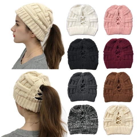 Ponytail Beanie Hat Women Acrylic Knit Winter Warm Messy Bun Criss Cross Hole Solid Color Outdoor Headwear Accessory