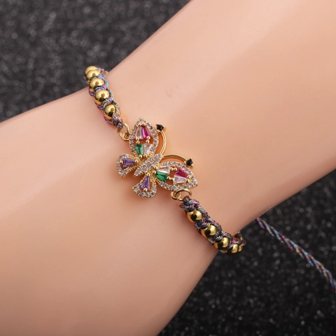 Butterfly Bracelet Copper Beads Colorful Zirconia Micro Pave Braided Rope Adjustable Bohemian Jewelry For Women