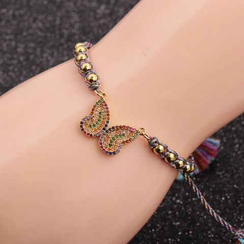 Butterfly Bracelet Copper Beads Colorful Zirconia Micro Pave Braided Rope Adjustable Bohemian Jewelry For Women