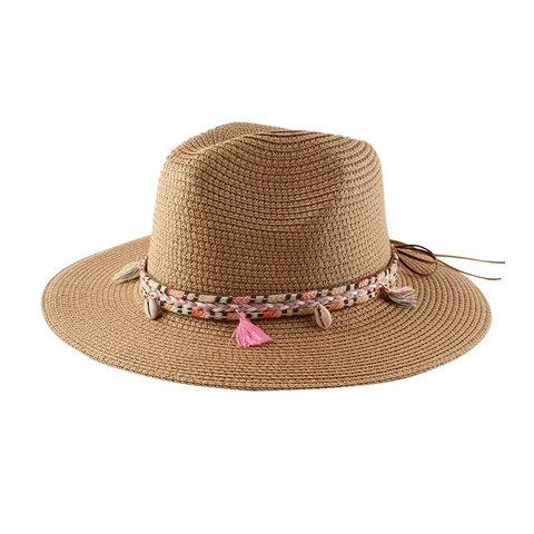 Sombrero Fedora De Paja De Papel Mujer Protección Solar Ala Ancha Vacaciones Playa Boho Borlas Conchas Transpirable