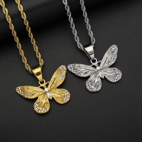 Collana Con Ciondolo A Farfalla Acciaio Inossidabile Iced Out Strass Hiphop Rappers Gioielli Di Moda Regalo Per Uomini E Donne