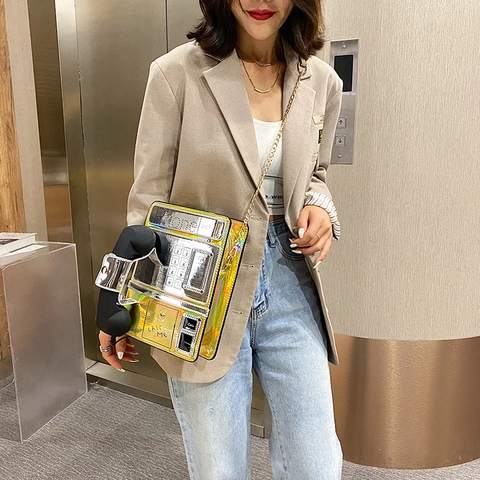 Creative Vintage Telephone Shape Crossbody Bag Holographic Laser Pu Leather Novelty Y2k Style Chain Strap For Women
