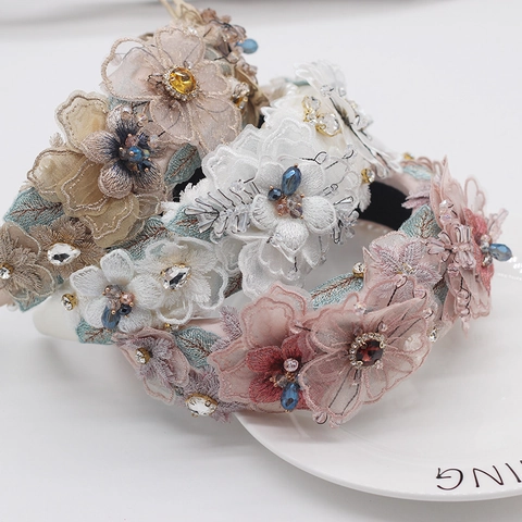 Baroque Wide Headband With 3D Lace Flowers Rhinestone Crystal And Faux Artificial Pearl Decorative Hair Accessories For Women