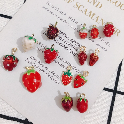 Cute Strawberry Charms Alloy Enamel Rhinestone Fruit Pendants For DIY Bracelet Earring Jewelry Making Kawaii Accessories
