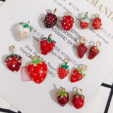 Cute Strawberry Charms Alloy Enamel Rhinestone Fruit Pendants For DIY Bracelet Earring Jewelry Making Kawaii Accessories