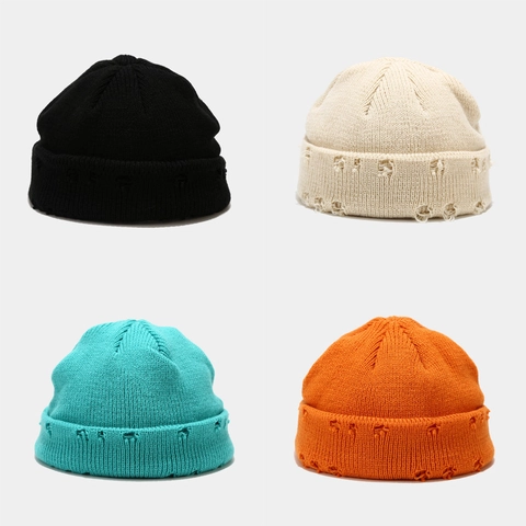 Gorro De Punto Distressed Con Agujeros Retro Skull Cap Unisex Color Sólido Hip Hop Streetwear Invierno Cálido