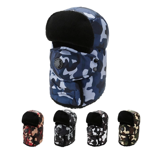 Sombrero De Trampero Camuflaje Invierno Forro De Piel Sintética Resistente Al Viento Con Máscara Facial Desmontable Válvula De Respiración Hombres