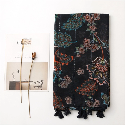 Navy Blue Floral Sequin Scarf With Tassels Lightweight Plain Weave Polyester Wrap Shawl For Women Retro Ethnic Style Scarf
