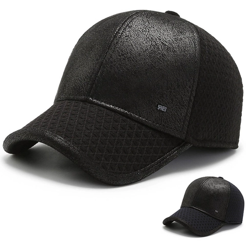 Men Winter Thermal Baseball Cap With Foldable Ear Flaps Warm Thickened Woolen Faux Leather Stitching Windproof Hat
