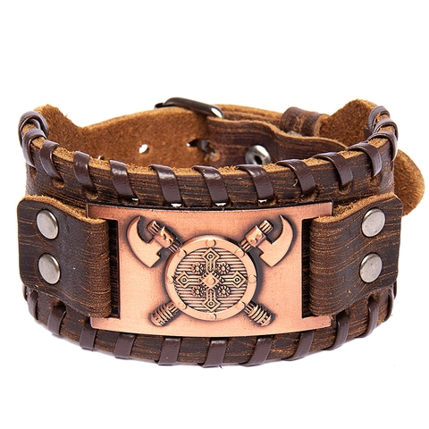 Bracciale in Pelle Vichingo Doppia Ascia Scudo per Uomo Vintage Punk Polsini Larghi Lega Rune Nordiche Simboli Celtici Gioielli