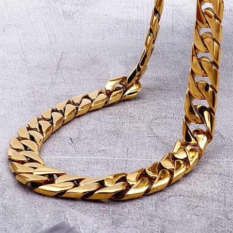 Collier Chaîne Cuban Link Acier Inoxydable Plaqué Or Lourd Épais Poli Hip Hop Streetwear Pour Hommes