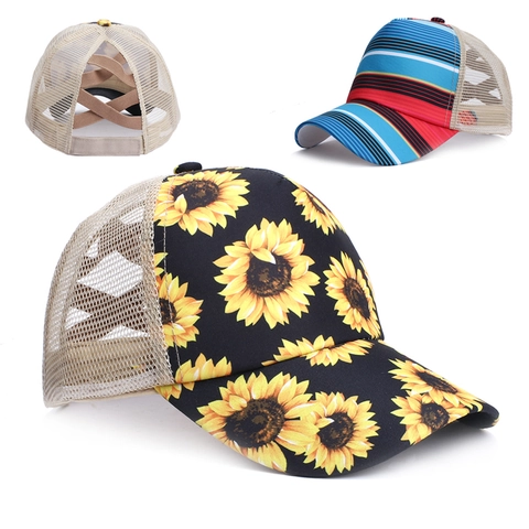 Casquette De Baseball Queue De Cheval Femme Maille Respirante Dos Élastique Croisé Imprimé Tournesol Coton Polyester