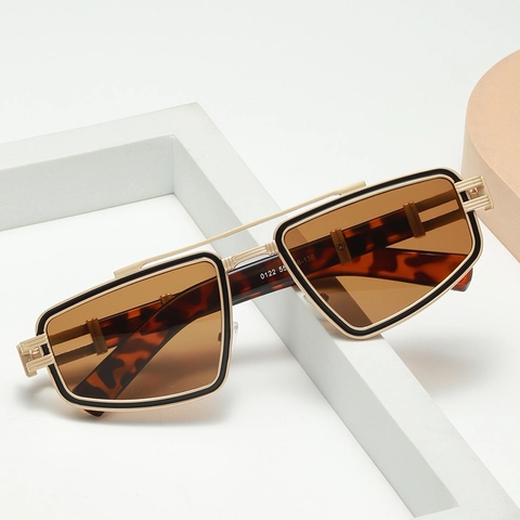 Geometrische Polygoon Zonnebril Metalen Montuur UV Bescherming Dubbele Brug Retro Trendy Bril Voor Heren Dames