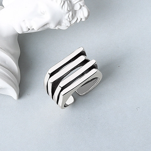Bague Ouverte en Cuivre Couleur Argent Thaï Rétro pour Femmes Hommes Minimaliste Multi-couches Réglable Géométrie Bijoux