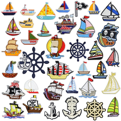 Patch Ricamate A Tema Nautico Nave Pirata Barca A Vela Ancora Timone Applique Da Stirare Per Decorazione Vestiti DIY
