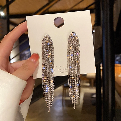 Geometrische Dreieck Voll Rhinestone Lange Quaste Ohrringe Legierung Mit 925 Sterling Silber Ohrstecker Für Frauen Mode