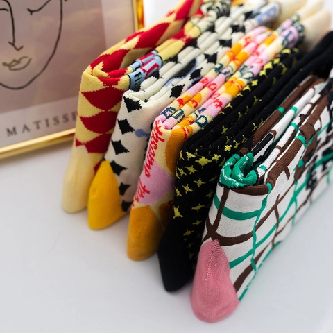 Damen Baumwolle Socken Retro Kunst Illustration Pop Art Porträt Katze Hot Dog Muster Atmungsaktiv Weich Mittelhoch Hosiery