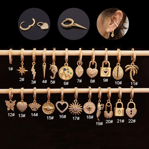 Vergoldete Kupfer Huggie Hoop Ohrringe Mit Zirkonia Anhängern Seepferdchen Stern Herz Schloss Piercing Schmuck Damen