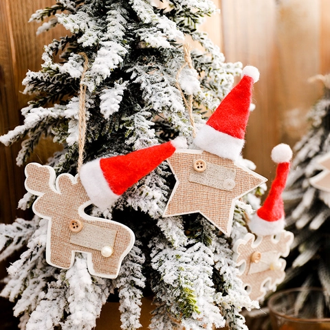 Ornements Suspendus De Noël Bois Jute Renne Étoile Flocon De Neige Arbre Avec Mini Chapeau Décor Rustique