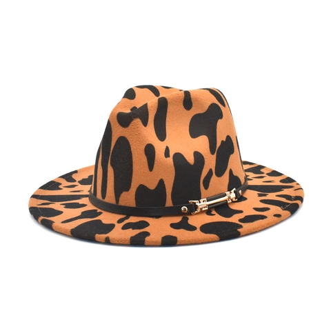 Cappello Fedora In Lana Tesa Larga Motivo Mucca Leopardo Feltro Jazz Cap Cintura Pelle Fibbia Retrò Esterno Unisex