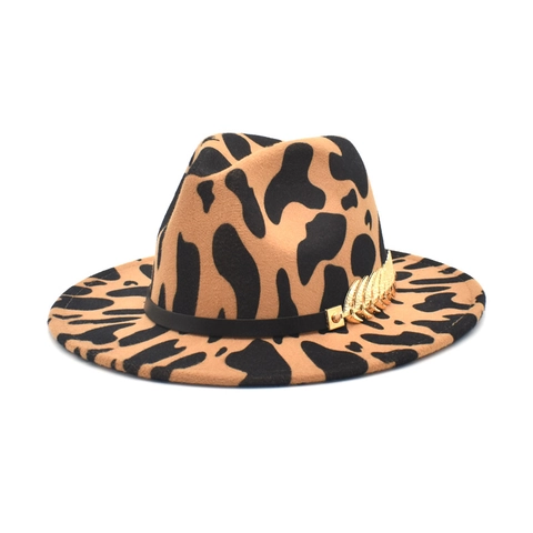 Vintage Wollfilz Fedora Hut Breite Krempe Jazz Hut Mit Gold Blatt Dekor Kuh Leopard Muster Für Herren Damen Westlich