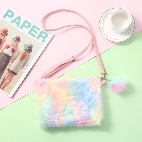 Süße Regenbogen Plüsch Umhängetasche Für Mädchen Weiches Kunstfell Kleine Schultertasche Mit Bommel Und Verstellbarem PU Gurt