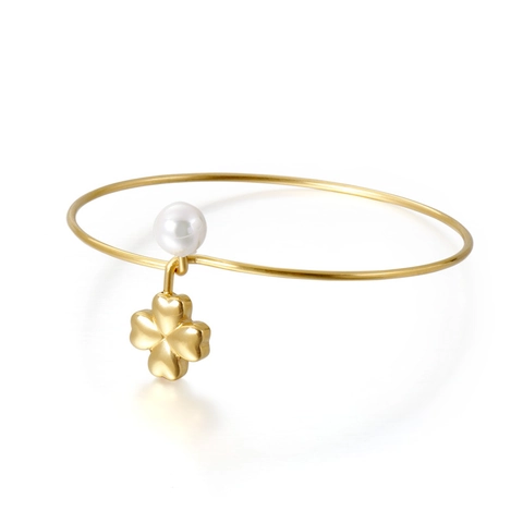 Bracciale Rigido In Acciaio Inossidabile Con Perla Artificial Di Conchiglia E Pendente A Quadrifoglio Gioielli Di Lusso Per Donna