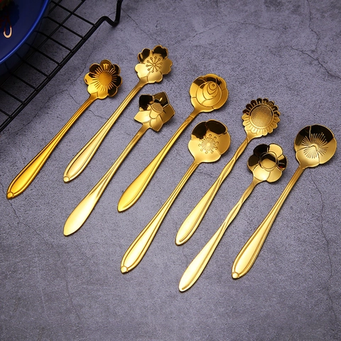 Stainless Steel Flower Coffee Spoons Rose Cherry Blossom Shape Long Handle Mirror Polished Dessert Tea Stirring Scoop