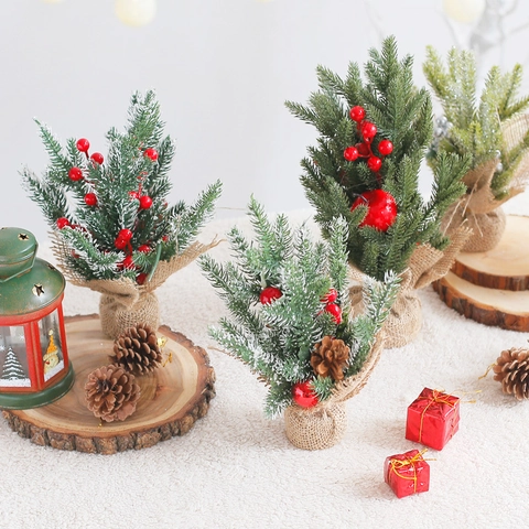 Mini Albero Di Natale Artificiale Base Tela Sacco PVC Bacche Pigne Innevato Decorazione Tavolo Rustico