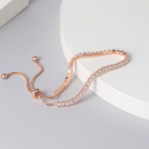 Pulsera Tennis De Circonia Cuadrada Cobre Ajustable Bolo Cadena Fila Única Joyería De Moda Para Mujeres