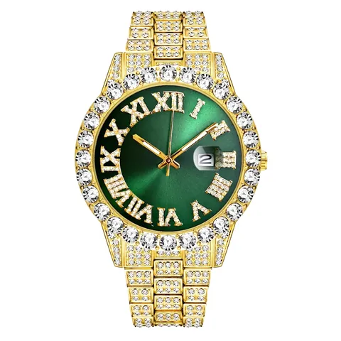 Luxury Men Quartz Watch Full Rhinestone Encrusted Gold Plated Stainless Steel Roman Numerals Date Waterproof Hiphop Style Fashion
